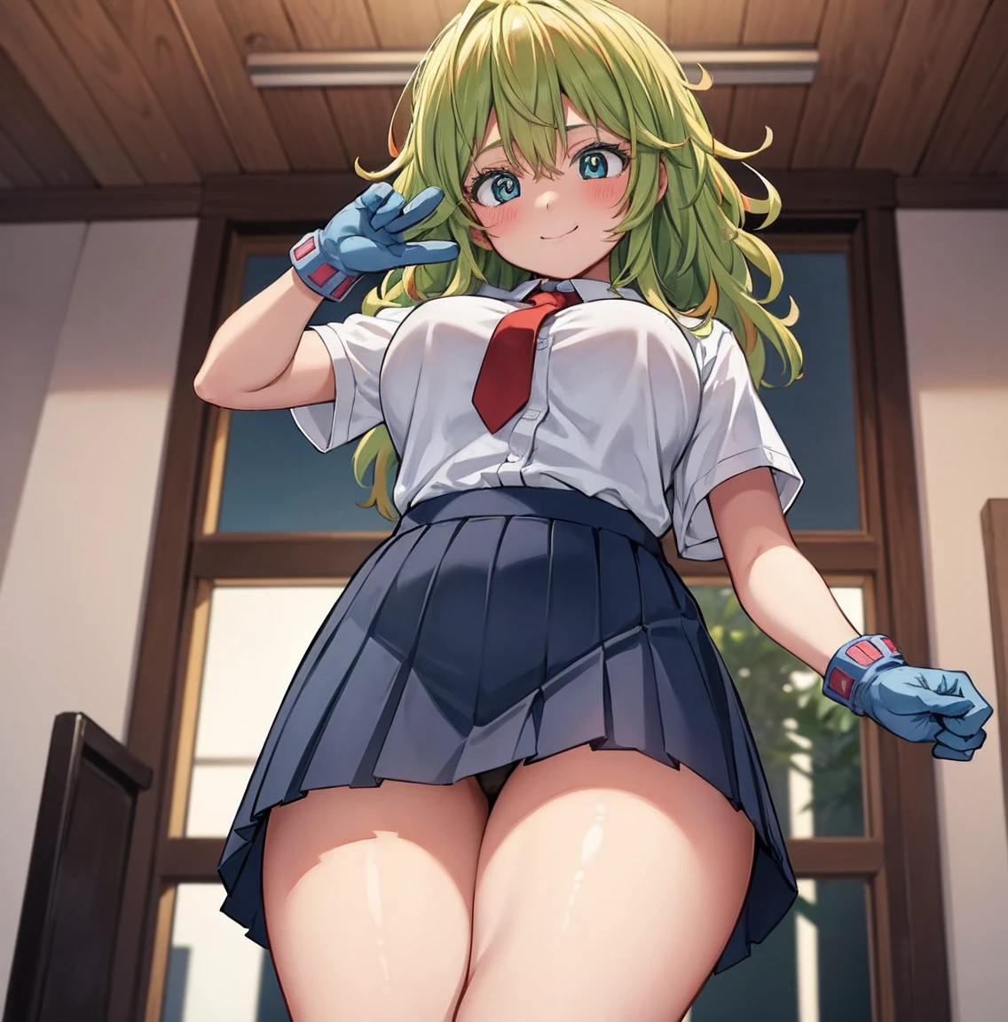 ((1girl)),((alone)),Tooru Hagakure,(masterpiece), (best quality), (ultra detailed), (best illustration), (best shadow), (absurdities), sharp focus, cowboy shot , looking at viewer, big breasts, narrow waist, wide hips, medium thighs, round butt, dynamic stance, green hair, blush, green eyes, messy hair, medium hair, bangs, hair between the eyes, multicolored hair, collared shirt , white shirt, red tie, tight shirt, neckline, short sleeves, gloves, blue gloves, green skirt, short skirt, tight skirt, (socks: 1.2), (black socks: 1.1), loafers seductive smile, closed mouth, (sexy pose: 1.2), alone, standing: 1.3, interior, school, classroom, desks, window, sunset, looking forward, ((focus on breasts)), pov (from below), red blush, perfect anatomy, perfect hands