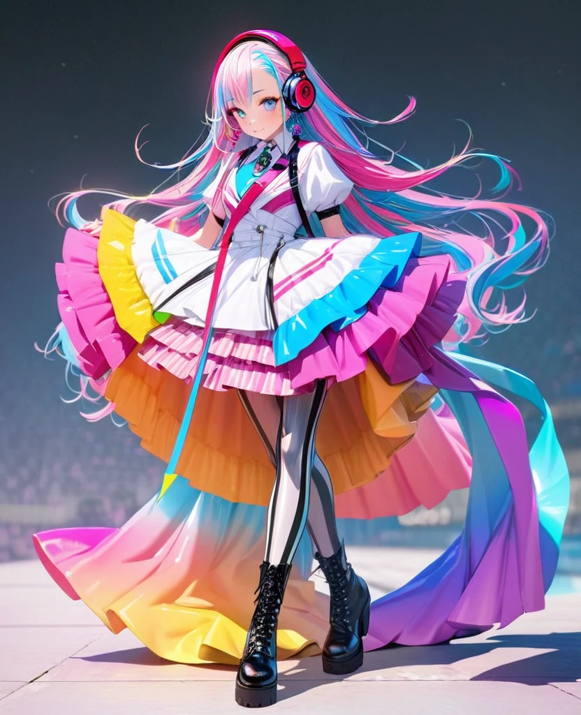 8K,gal,an extremely delicate and beautiful,Beautiful and realistic skin,Shiny jewel-like earrings,Long colorful hair,beautiful eyes,full body,future fashion, headphones, musician