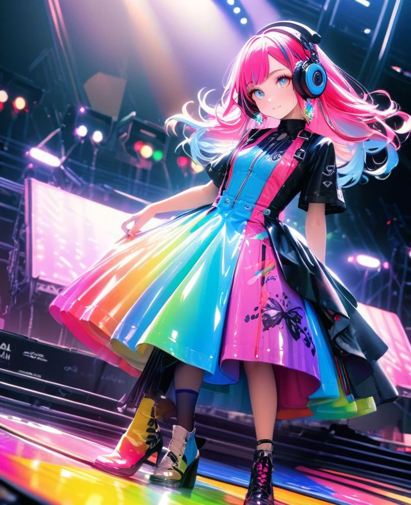 8K,gal,an extremely delicate and beautiful,Beautiful and realistic skin,Shiny jewel-like earrings,Long colorful hair,beautiful eyes,full body,future fashion, headphones, musician