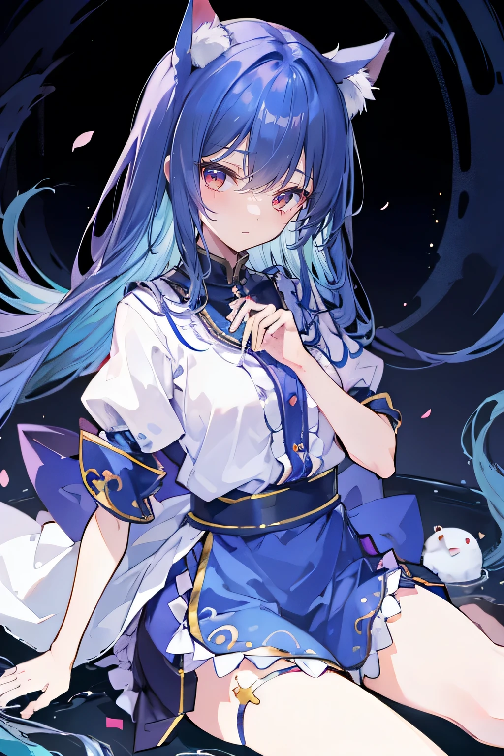 (masterpiece:1.2),Extremely detailed,Practical,expressive eyes,Fair skin,Perfect face shaping,1 Girl,
Japanese cartoons,Gorgeous blue hair, the long flowing blue hair,Floating clothes,Cat ears,Petals fall,beautiful lola,Angel,
Place your hands on your waist,sit elegantly on the ground,Cross your legs,Gentle and peaceful background,open sky。