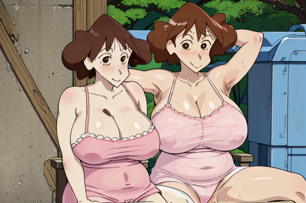 Misae Nohara, (Auntie:1.5), (Mature Woman:1.5), (absurderes, 8K, 4K, masutepiece, hyper extreme detailed:1.2), Best Quality, Perfect Anatomy,Perfect face,High humidity, (Huge firm breasts:1.7), (A sheer pink nightgown:1.4), (Wet:1.2), (.Alley:1.3), Graffitied wall, Garbage can, Scattered trash, (alone:1.5), (Brown eyes:1.2), (Clothing is revealing:1.2), Exposed shoulders, Torn clothes, Are pregnant, Firm breasts, Upturned nipples, Showing cleavage, Mole on chest, (Thick armpit hair:1.4), (blush:1.2), A kind smile, relief, peace of mind, (maternal:1.3), (Gentle look:1.5), Smiling face, (Outdoor:1.5), (Out:1.3), half closed eyes, naughty face, Sitting in a chair, spread legs, 