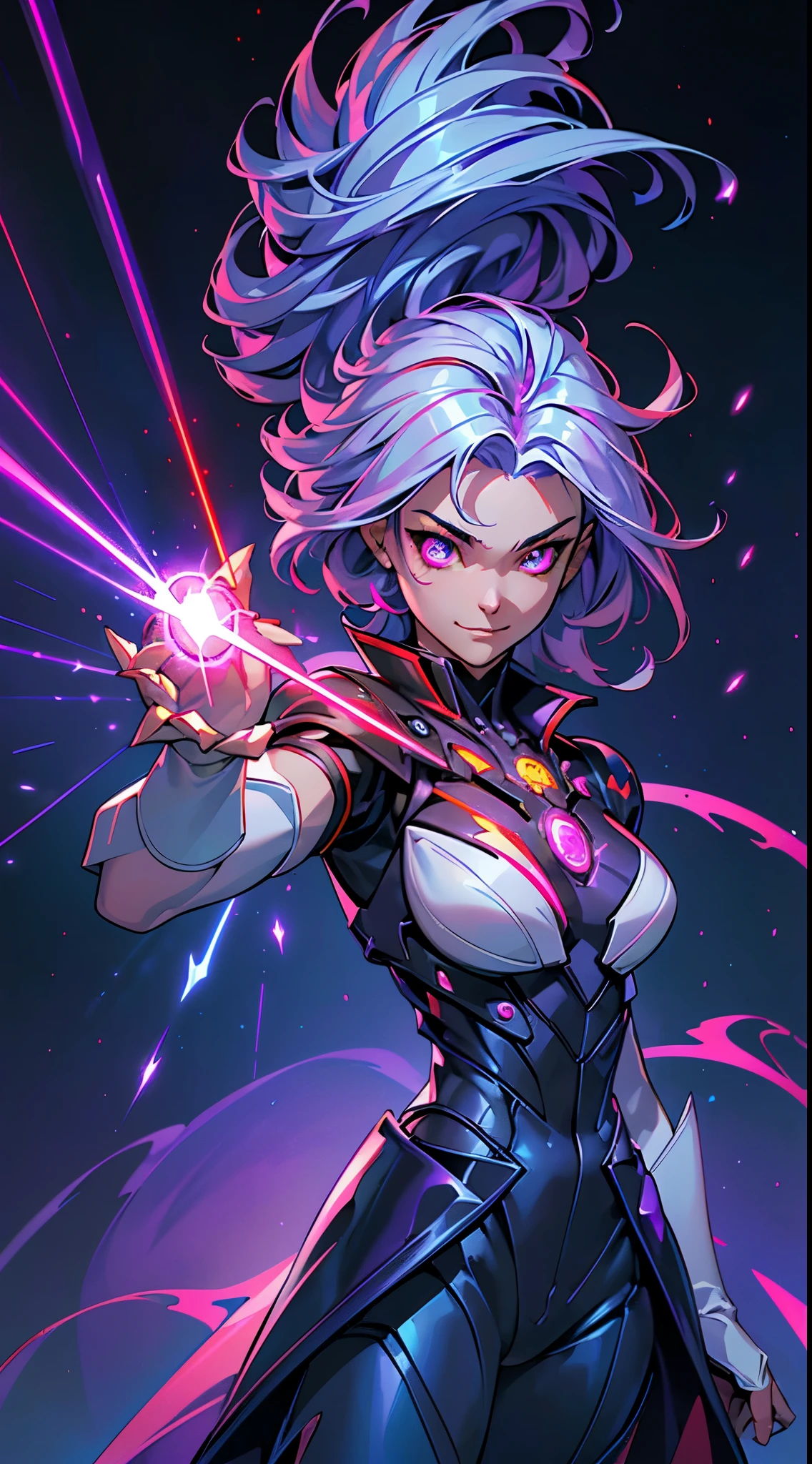 top-quality、Top image quality、​masterpiece、Android Girl((18year old、Red, Black and blue glowing cybersuit、white hair, Blue energy source for the chest,Best Bust、Bust 90、silver  eyes、open chest wide、Valley、Happiness、A slender、Warlike face、Stand at the front、Countless cable connections throughout the body、Particles of light、Sharp claw arm,Laser cannon)）hiquality、Beautiful Art、Background with((Blue lighting、Green particles、Red Laser Pointer、Purple swirl,Yellow flash、Pink lightning))、masutepiece、Elaborate design、visualart、Theatrical films