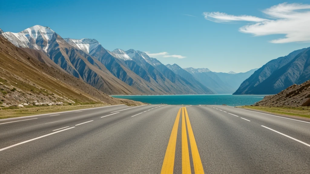two roads goinf two different dirrection, vast sea is one side and other road has mountains on its side.