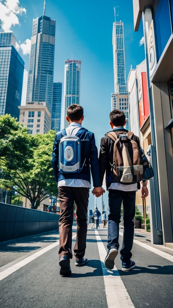 The two boys held hands and walked out of the time portal, time machine, fanciful, modern technology, modern city, anime
