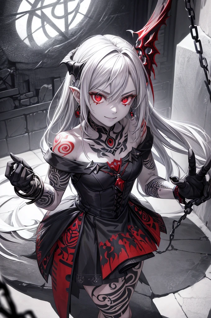 (Ashenhardt Style:1.4), masterpiece, 最high quality, high quality,(Glows dark red、Has red eyes、darknessに囲まれた暗い形のない生き物:1.2), (profile), (darkness:1.2), Abstraction, deep sea, Award-winning photography, Depth of written boundary, High resolution, Very detailed, Art Station Trends, CGSociety Trends, Complex, High detail,(masterpiece:1.2, 最high quality), (Best lighting, Very delicate and beautiful), (Best lighting, Very delicate and beautiful), (Beautifully detailed face), (Detailed eyes and detailed face:1.2), Dark fantasy, (Young girl, Little Beast, One girl, alone, Crazy Smile, Pale skin,19 earrings,((Tattoos all over the body,Tribal tattoos all over the legs)) Gray Hair, Glowing red eyes, Dynamic Angle, vampire), (get chains, magic circle, Graffiti on the wall, background)),conjuring a demon), Magic Thunder, pointed_ear, tooth,Devil's Wings,Devil horns,There was blood on my face.,Rain of blood,blood mist,(Depth of written boundary),High Contrast,(Blood splatter:1.4),Cowboy Shot,whole body, Black lace-up thigh-high boots,shout, Sacrifice, Magnificent stage