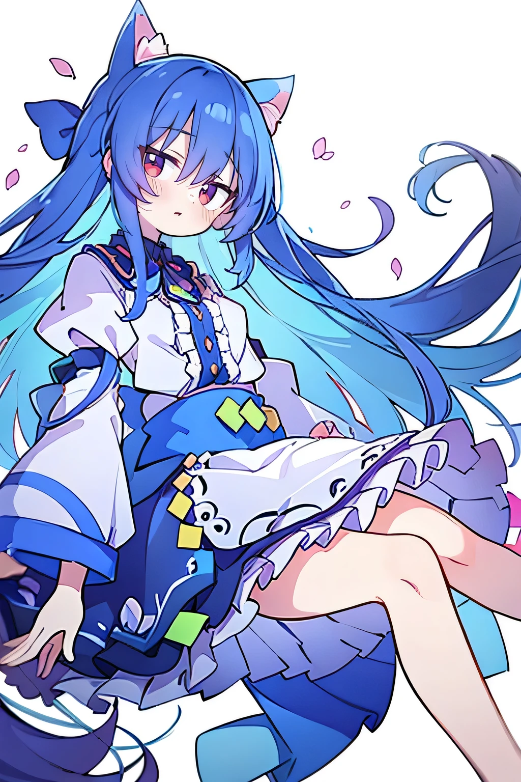 (masterpiece:1.2),Extremely detailed,Practical,expressive eyes,Fair skin,Perfect face shaping,1 Girl,
Japanese cartoons,Gorgeous blue hair, the long flowing blue hair,Floating clothes,Cat ears,Petals fall,beautiful lola,Angel,
Place your hands on your waist,sit elegantly on the ground,Cross your legs,Gentle and peaceful background,open sky。