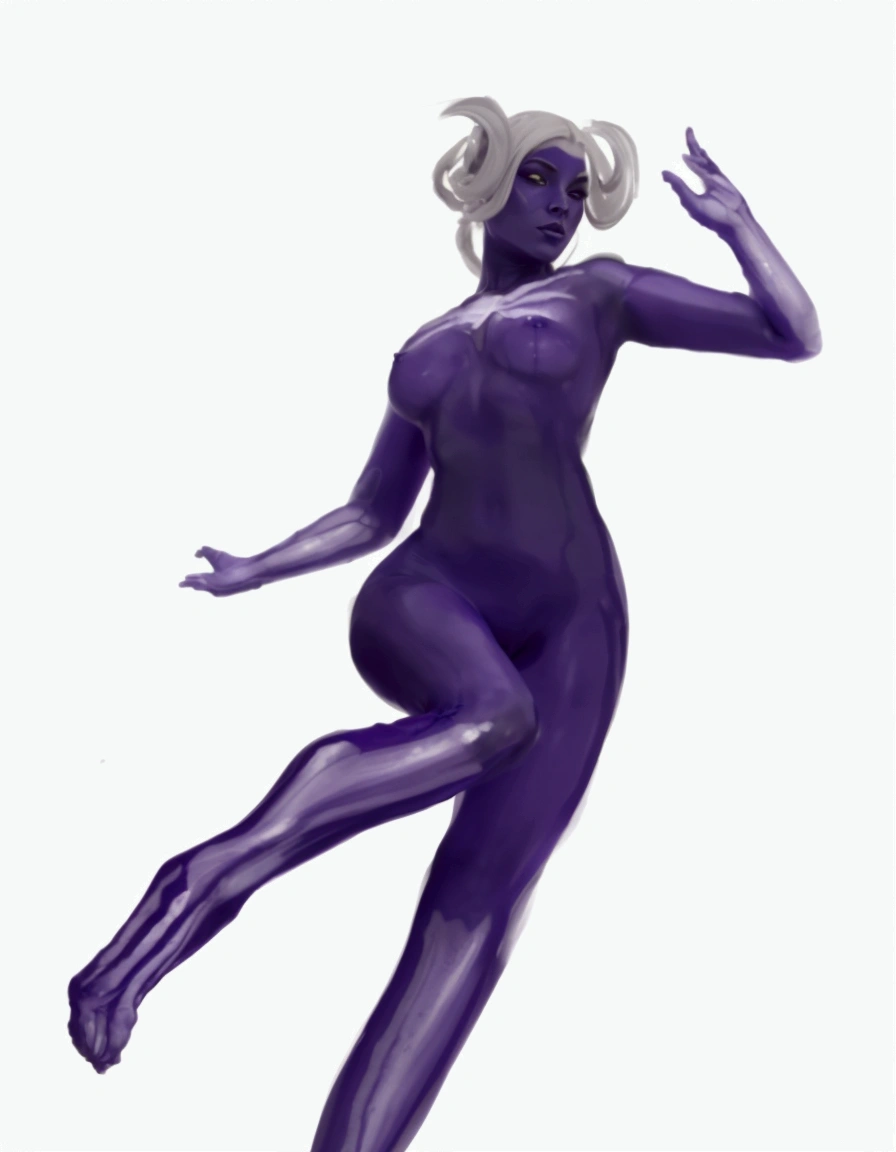 a close up of a person in a purple body doing an action,the sternum of the fingers and toes are transparent,  purple body, pose study, realistic, smooth purple skin, weird expressionist pose, villain pose, neutral pose, purple aura, some purple, purple skin, smooth. digital painting, character is in her natural pose, purple alien, a-pose, doing a sassy pose