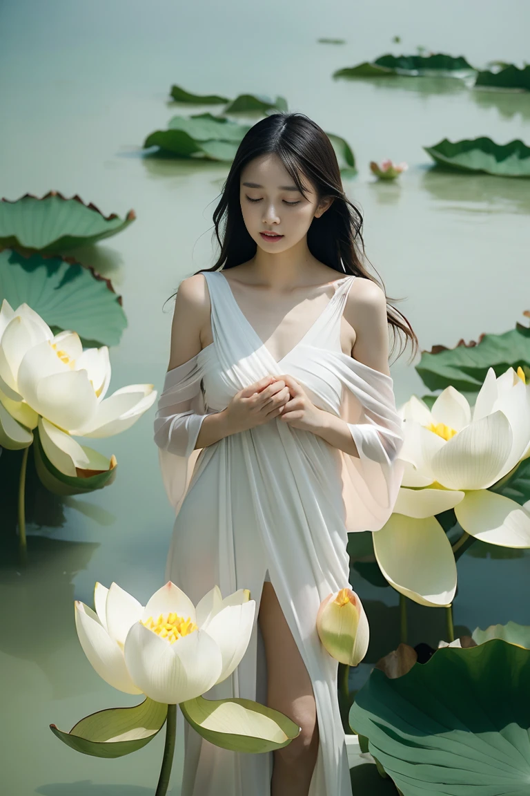 light pink and light white shades,Full body female love,  White background, natural lighting, Light effect, minimalist, elegant, pure tenderness, soft light lighting, realistically. a woman is (clavicle, bshoulder,) placed in a (pray and stand) super giant lotus，The petals are big and long (The petals are thin, soft gauze, Full background of flowing petals, floating petals, super flying petals, Mixed effect of smoke and petals), lotus dress,((perspective)).lotus_leaf_fairy，anatomically correct，((Best quality)), ((Masterpiece)), ((Realistic))