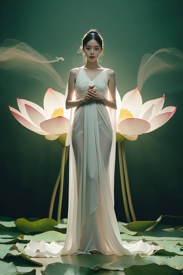 light pink and light white shades,Full body female love, White background, natural lighting, Light effect, minimalist, elegant, pure tenderness, soft light lighting, realistically. a woman is (clavicle, bshoulder,) placed in a (pray and stand) super giant lotus,The petals are big and long (The petals are thin, soft gauze, Full background of flowing petals, floating petals, super flying petals, Mixed effect of smoke and petals), lotus dress,((perspective)).lotus_leaf_fairy,anatomically correct,((Best quality)), ((Masterpiece)), ((Realistic))