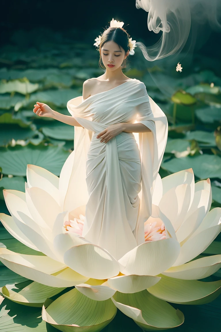 light pink and light white shades,Full body female love,  White background, natural lighting, Light effect, minimalist, elegant, pure tenderness, soft light lighting, realistically. a woman is (clavicle, bshoulder,) placed in a (pray and stand) super giant lotus，The petals are big and long (The petals are thin, soft gauze, Full background of flowing petals, floating petals, super flying petals, Mixed effect of smoke and petals), lotus dress,((perspective)).lotus_leaf_fairy，anatomically correct，((Best quality)), ((Masterpiece)), ((Realistic))