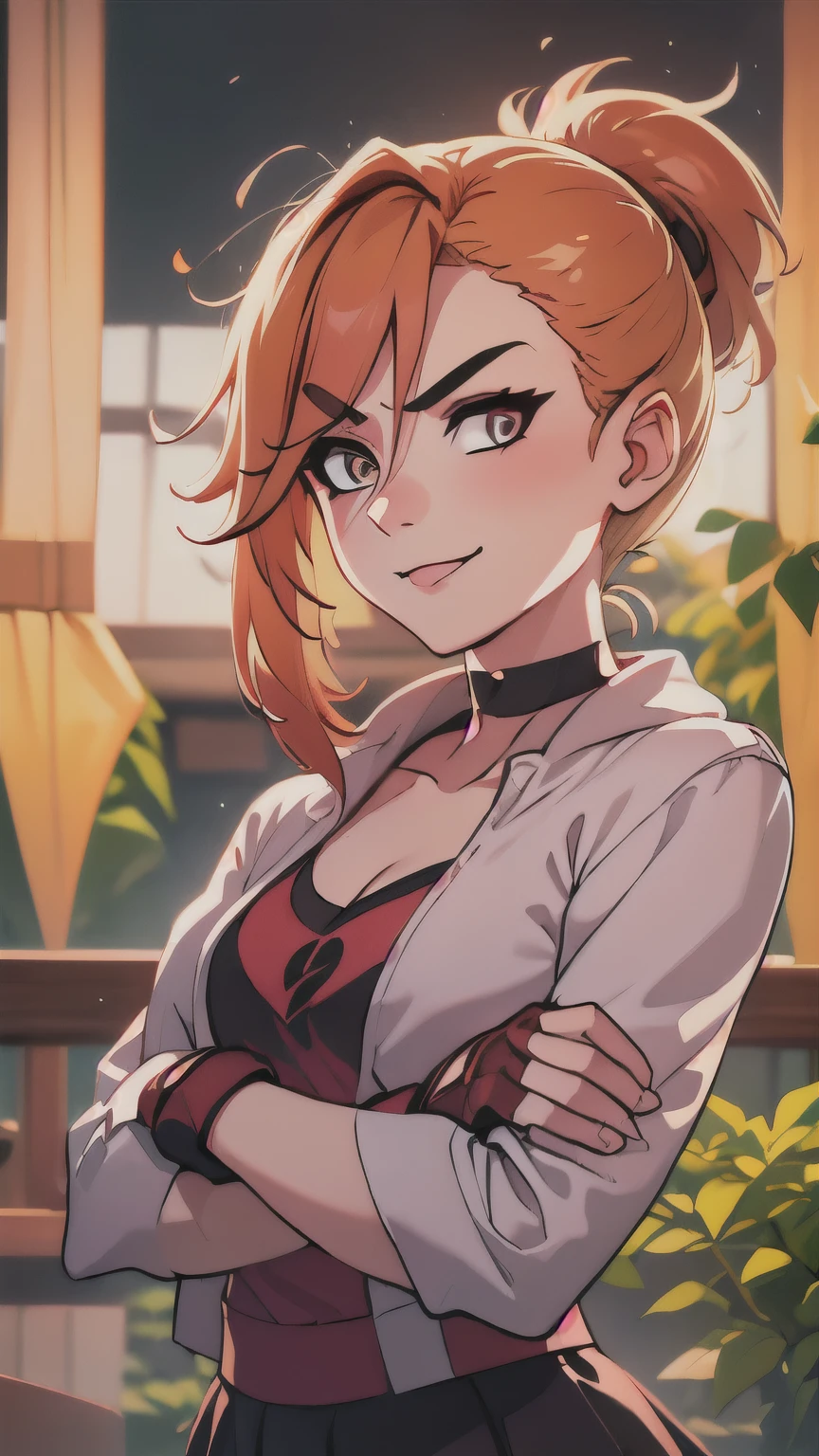 (best quality:1.2),solo,1girl,mdrin,smile,looking at viewer,crossed arms,ponytail,v-shaped eyebrows,white jacket,red shirt,fingerless gloves,black skirt,choker,illustration,floral garden background,warm color tones,soft lighting, Hair over one eye, ultra long hair, standing on hooftop, long boots