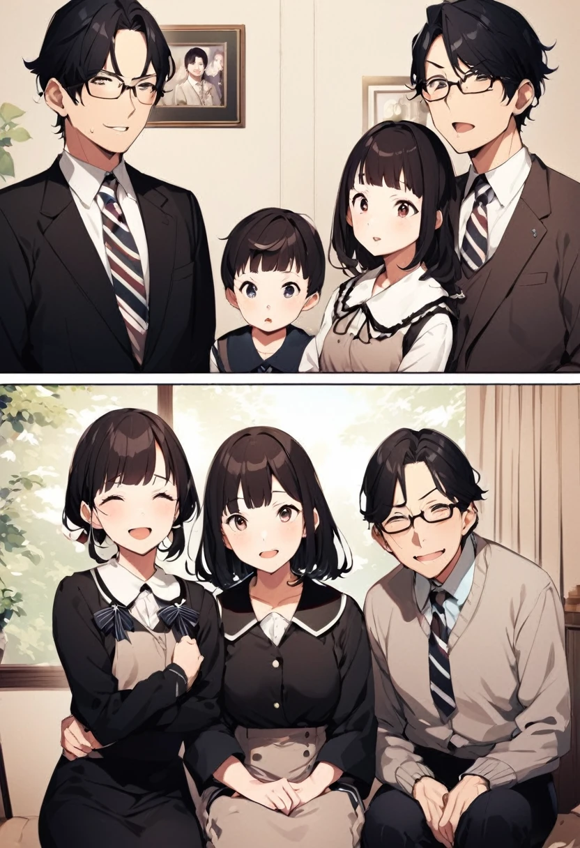 (masterpiece, best quality:1.2), JK,huge tit,age difference,blush,bow,breasts,girl sandwich,long hair,multiple girls,pleated skirt,sandwiched,school uniform,short sleeves,skirt,2girls,1boy,hug,male kid