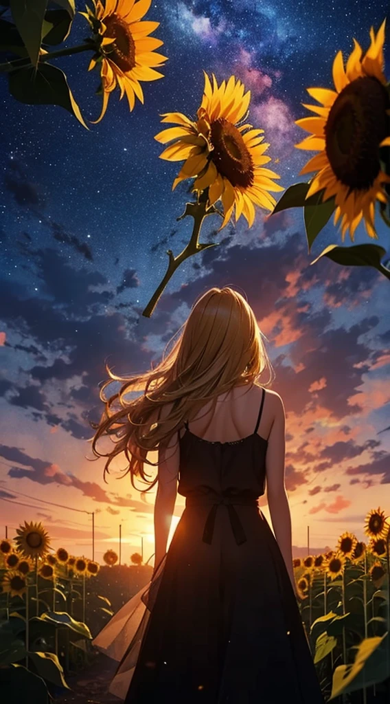 1people々々々々々々々々々々々々,Blonde long-haired woman,camisole, Dress Silhouette, Rear View,Space Sky, Sunflower flowers,Sunflower field,