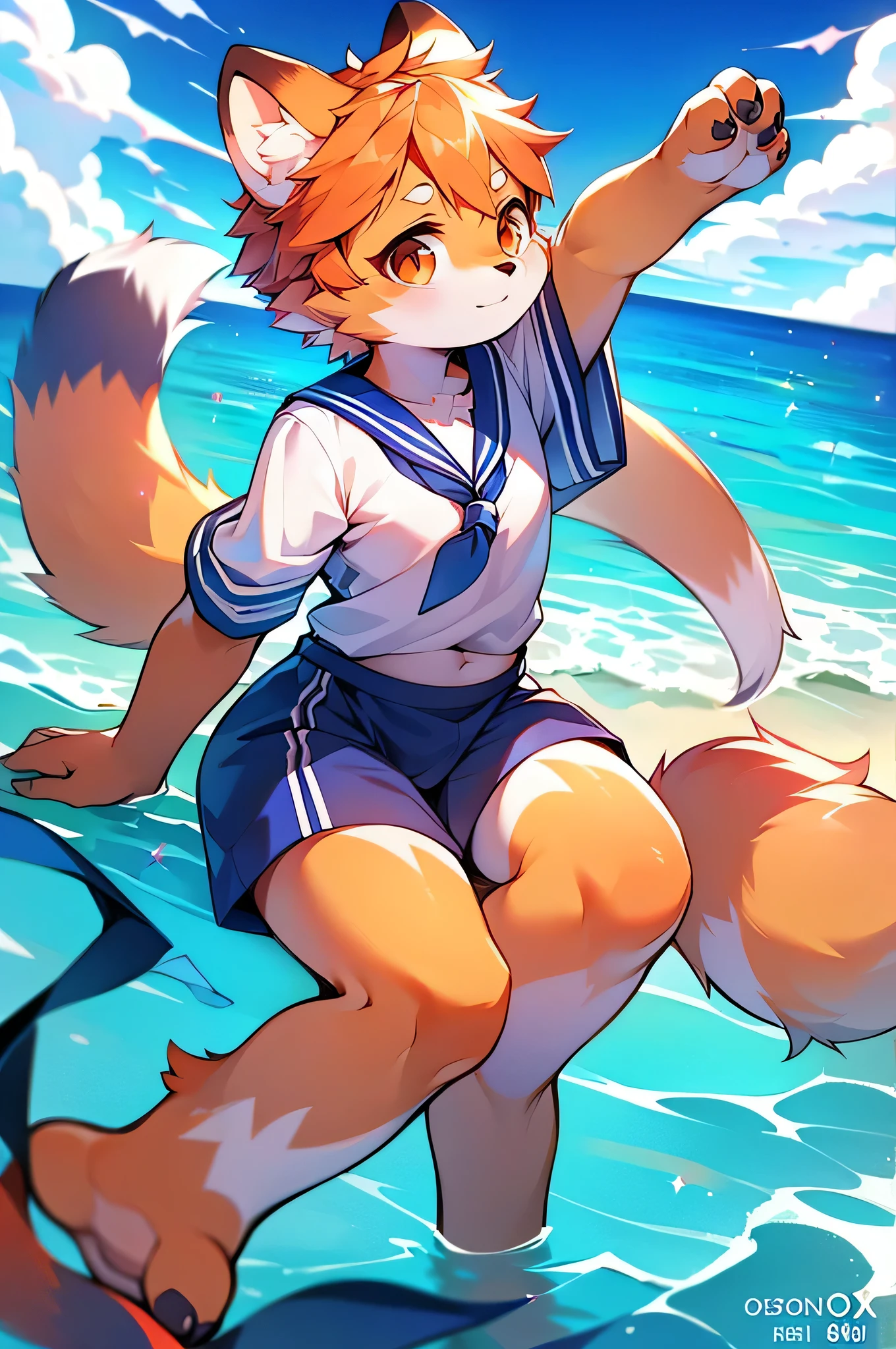 Red Panda Girl,8K,resolution,Ocean,Sailor suit,
