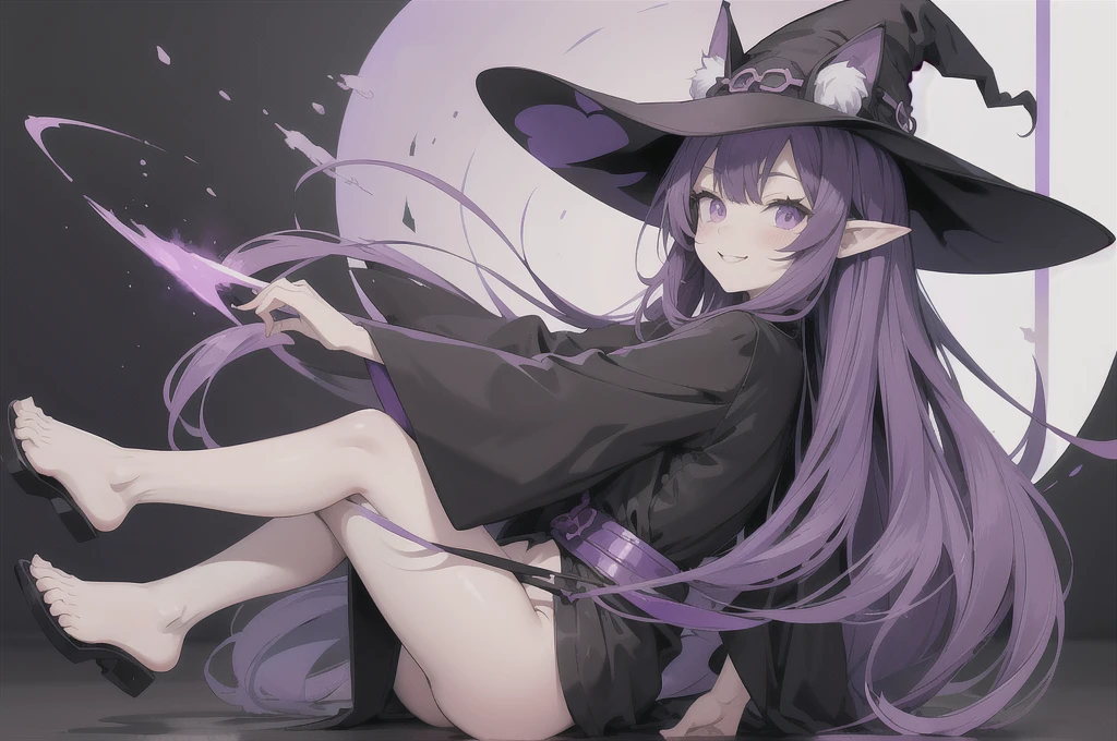 Anime girl. Long purple hair and wearing a black robe. Pointy ears. Witch hat. Cute cartoon. Illustration, alone. Looking back. Full body. About high school age. Smiling.