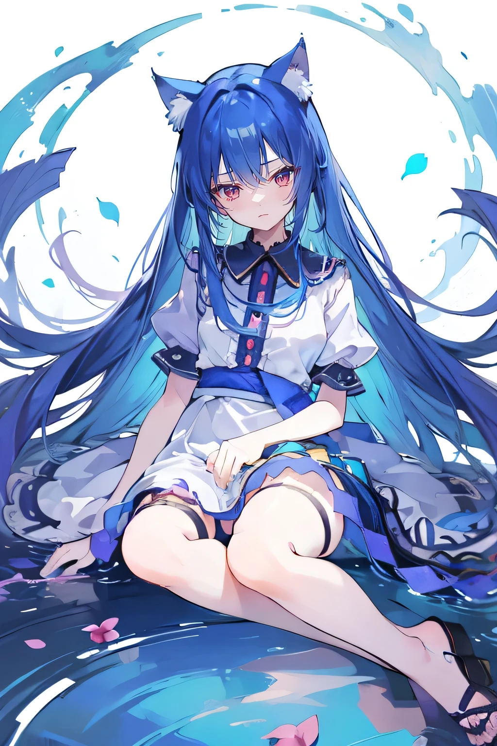 (masterpiece:1.2),Extremely detailed,Practical,expressive eyes,Fair skin,Perfect face shaping,1 Girl,
Japanese cartoons,Gorgeous blue hair, the long flowing blue hair,Floating clothes,Cat ears,Petals fall,beautiful lola,Angel,
Place your hands on your waist,sit elegantly on the ground,Cross your legs,Gentle and peaceful background,open sky。
