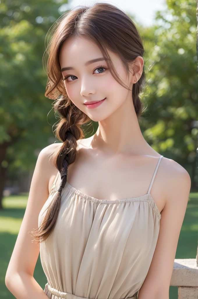 ((Highest quality, 8K, masterpiece: 1.3)), One girl, The beauty of slim abs: 1.3, (Casual Hairstyles, :1.2), Loose dress, Super detailed face, Delicate eyes, double eyelid, smile. Take a photo with a cute pose, Very low number, Narrow waist, close, close, Beautiful background,Female university student