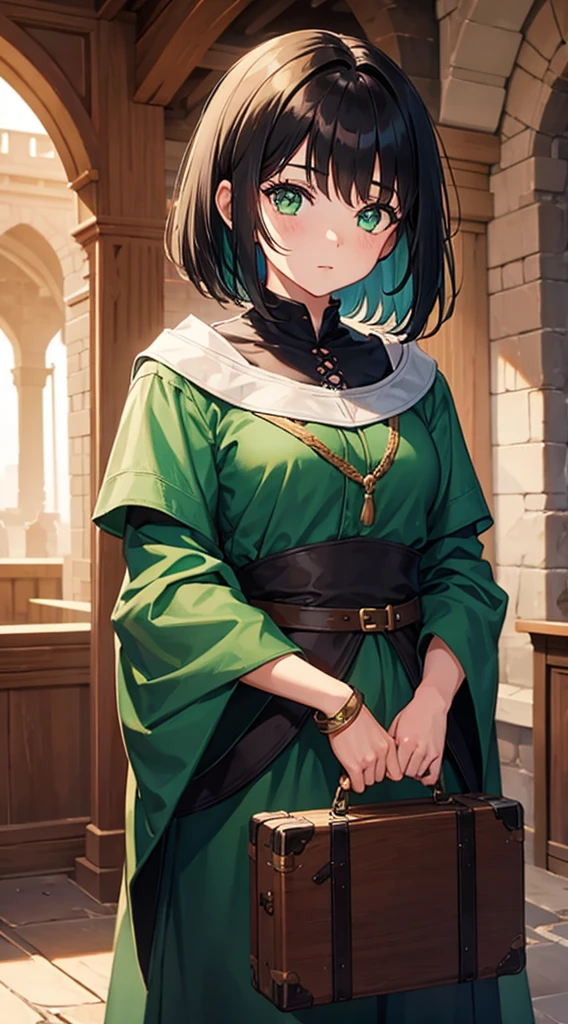 1girl, medieval, traveler, green eyes, short black hair