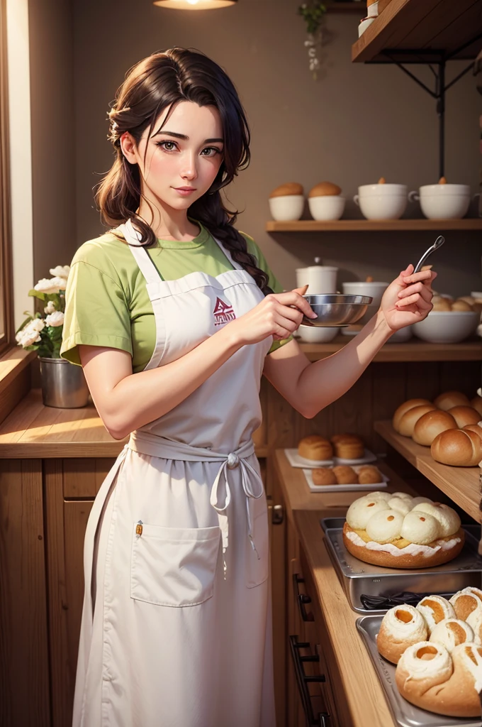 clearing! Here is the translation of the text I wrote above:

"A Stardew Valley-style baker. The chef is in a cozy bakery, wearing a white apron and a chef&#39;s hat. The bakery is full of colorful cakes, sweets and breads displayed on wooden shelves and a counter. The background shows a rustic and cozy interior with wooden walls, a large oven and a window letting in sunlight. The scene is vibrant and charming, with Stardew Valley&#39;s signature pixel art style."