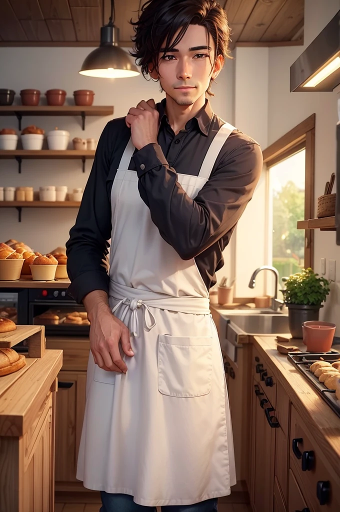 clearing! Here is the translation of the text I wrote above:
"A Stardew Valley-style baker. The chef is in a cozy bakery, wearing a white apron and a chef's hat. The bakery is full of colorful cakes, sweets and breads displayed on wooden shelves and a counter. The background shows a rustic and cozy interior with wooden walls, a large oven and a window letting in sunlight. The scene is vibrant and charming, with Stardew Valley's signature pixel art style."