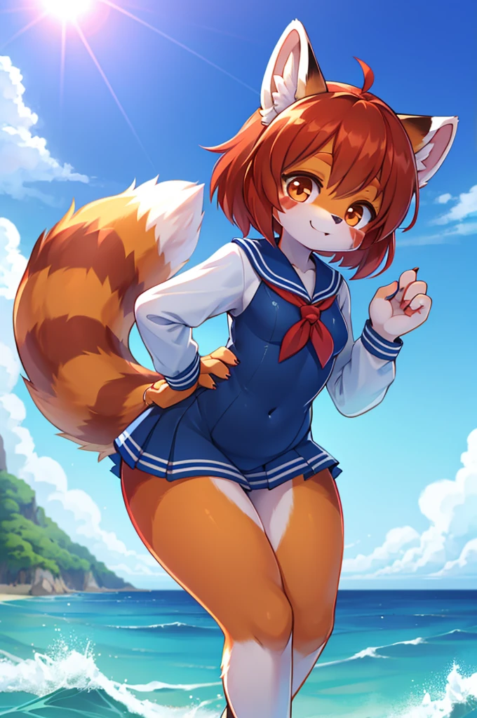 Red Panda Girl,8K,resolution,Ocean,Sailor suit,