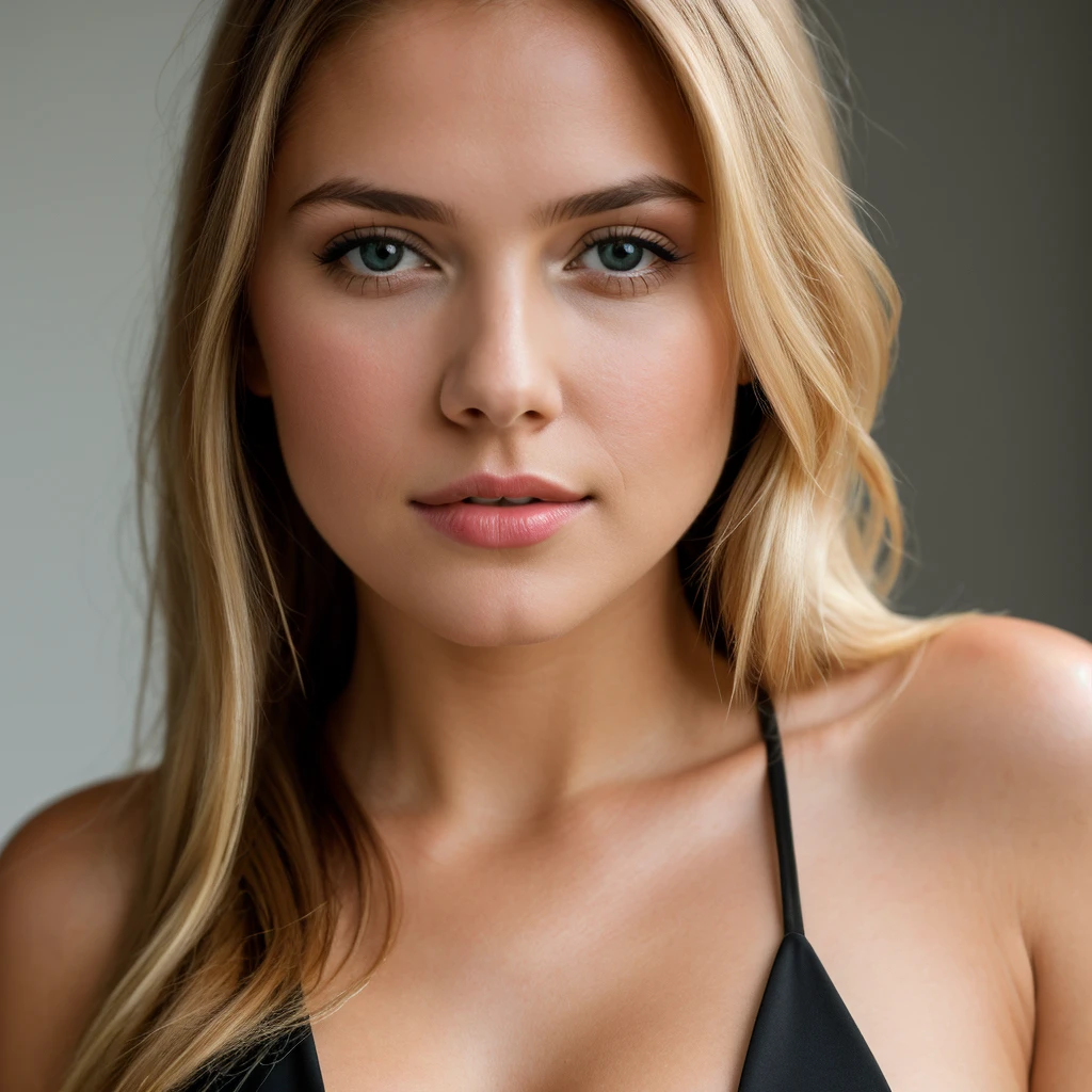 young girl, natural blonde, medium tits she is dressed in a sexy, elegant black dress, photo taken on a white background. face close-up Ultra-high resolution, (photorealistic: 1.4), high resolution, (brown eyes), (finely detailed skin), (perfectly proportioned) (photo realistic) (masterpiece) (photorealistic), ultrarealistic (Best Quality) (Detailed) photographed in a Canon EOS R5, 50mm Lens, F/2.8, (8K) (Wallpaper) (Natural lighting) (Convoluted) Fashion