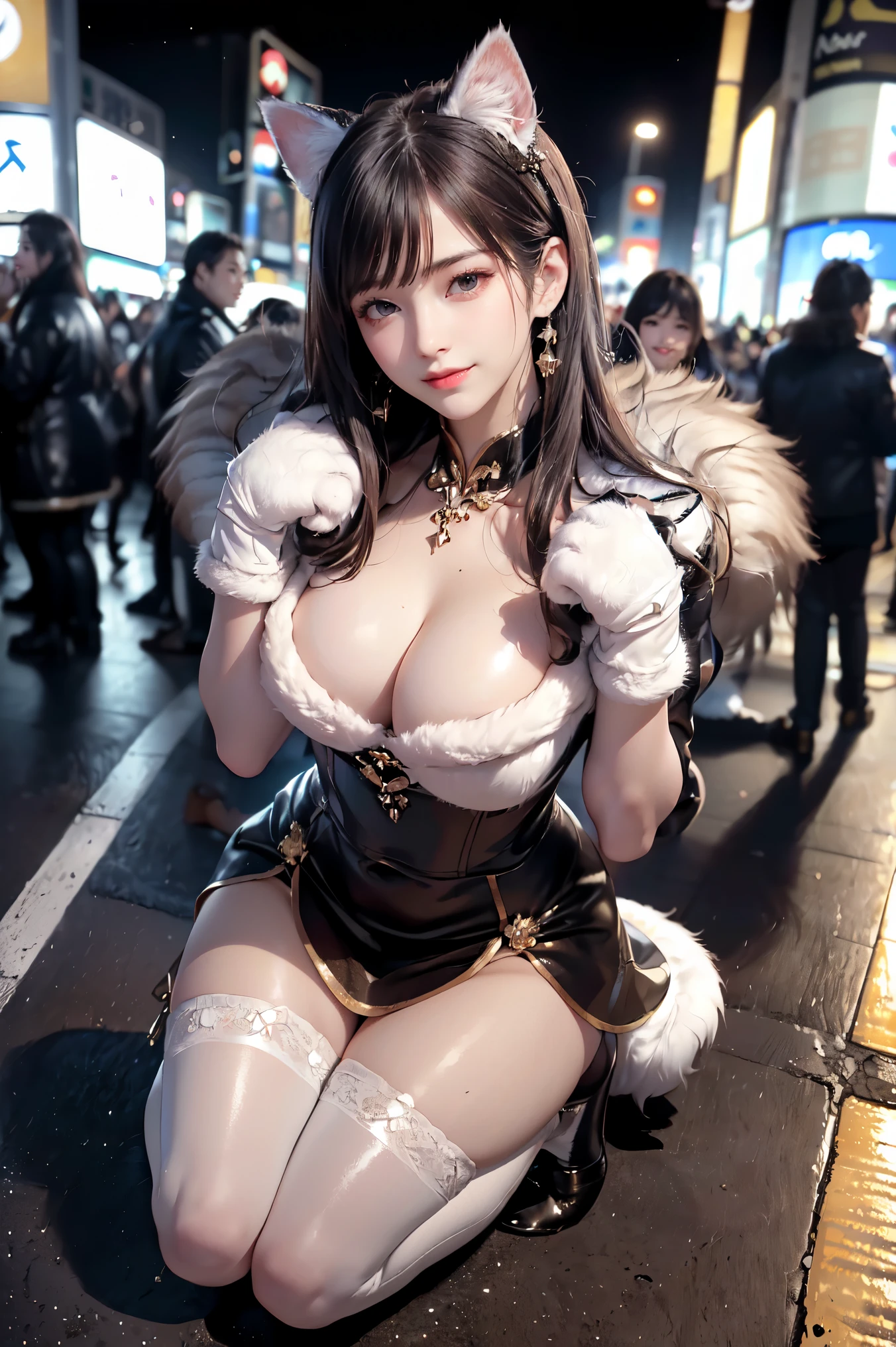 masterpiece, top-quality, top-quality, Beautifully Aesthetic:1.2, 1girl, Halloween night, ((Wearing a high-quality costume of fur of cat, gloves of cat, cat paw-shaped shoes, fur miniskirt):1.2), (Silver pin heels:1.1), high detailed, (kneeling with paw pose:1.3), large breasts, firm breast, nicely shaped breasts, slender figure,
((Dark Brown Hair)), wavy hair, (medium long hair:1.2),
((in the middle of very crowded Shibuya's scramble crossing at late night:1.2)), ((Surrounded by people wearing many costumes)), (Full body shot:1.1), ((Wide-Angle:1.3)),
