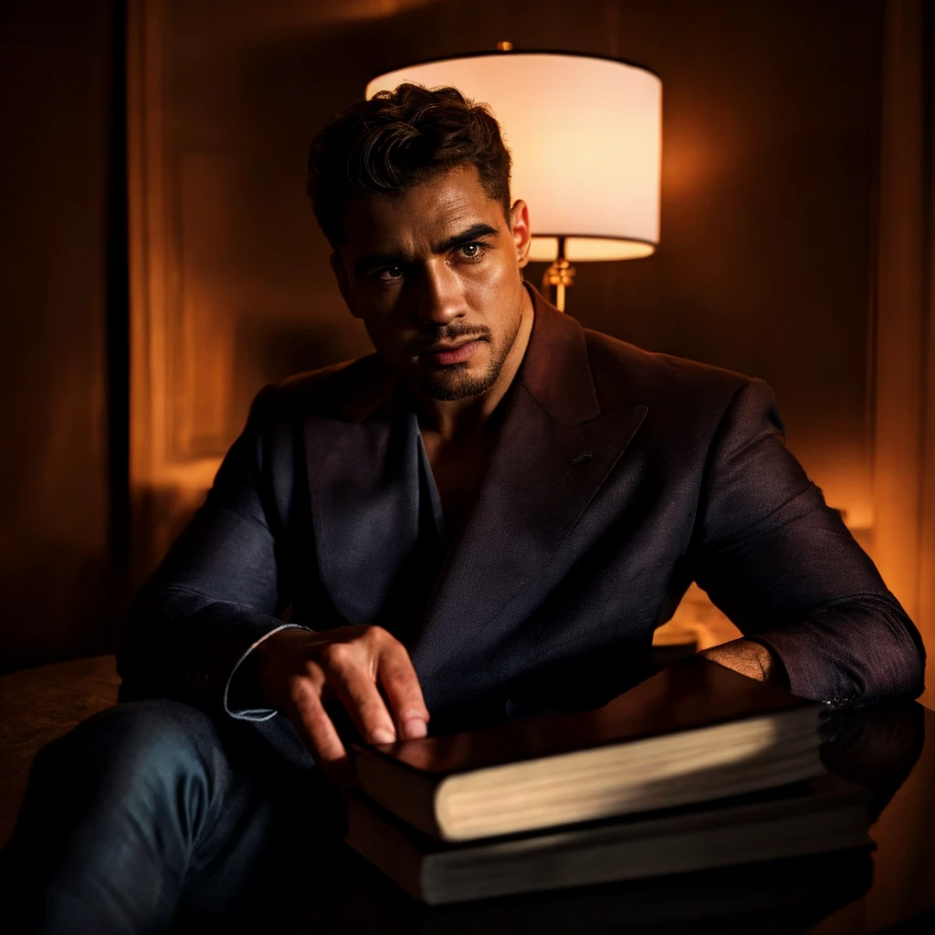 a man reading book, detailed face, beautiful eyes, sharp focus, photorealistic, 8k, high quality, masterpiece, ultra-detailed, studio lighting, intricate details, realistic, dramatic lighting, cinematic, dramatic atmosphere, deep shadows, rich textures, natural skin tones