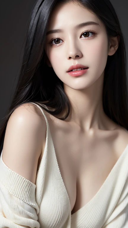 (8K),(RAW Photos),(Highest quality),(masterpiece:1.2),Sharp focus,natural shading,hyper realistic,(Small breasts),Realistic Face,超Realistic Face,Beautiful face,detailed,超detailed,slim,(Black hair straight:1.3),Double eyelids,非常にdetailedな顔,smile,VNeck sweater,Exposed cleavage,Depth of field,Smooth Hair,leaning forward,(Dark Background),hand on own cheek,natural shading