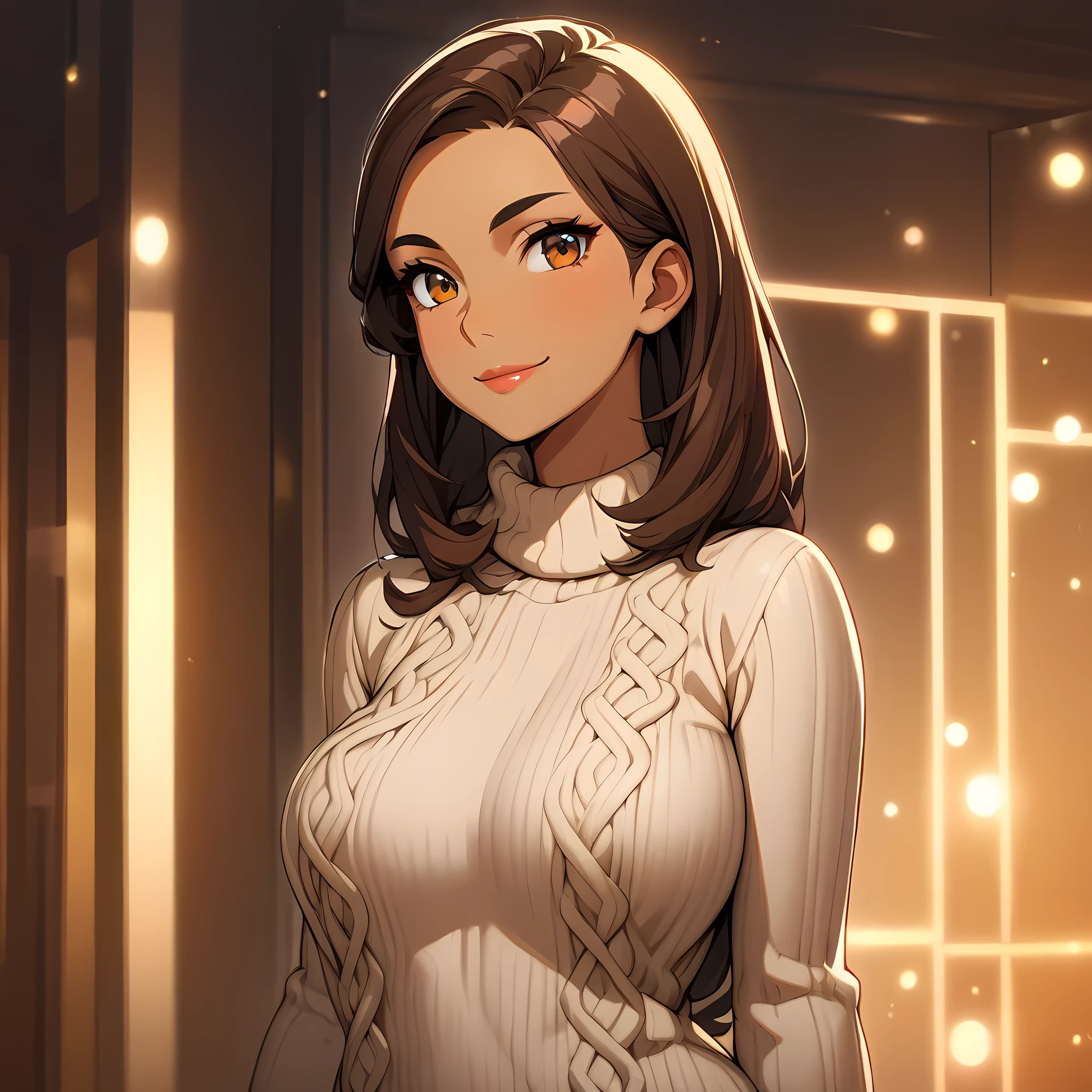 1 human girl, beautiful, background:decorated_full_room, masterpiece, lights, highly detailed, upper_body, Round_breasts, looking at viewers, wearing a Knit sweater dress with cable patterned, smiling, showing her dress, Eyes Large, almond-shaped, dark brown, Nose Narrow and slightly hooked, Lips are Medium, natural pink, Hair Long, straight, dark brown, Skin Tone Warm medium with a golden undertone, Eyebrows Thick and arched, Cheekbones is High and defined, Chin is Rounded, ears are Small and close to the face, Resilient and determined