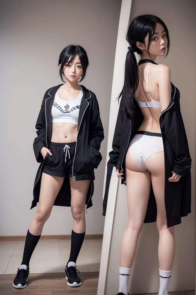 rukia ,1 girl , アニメ , work of art , Bblack hair, open pajama clothes open , standing alone , jaket, clothes open, good , flat-chested , dolphinshorts ,long socks ,brave face , gazing at viewer , orgasm open face . ass back . .