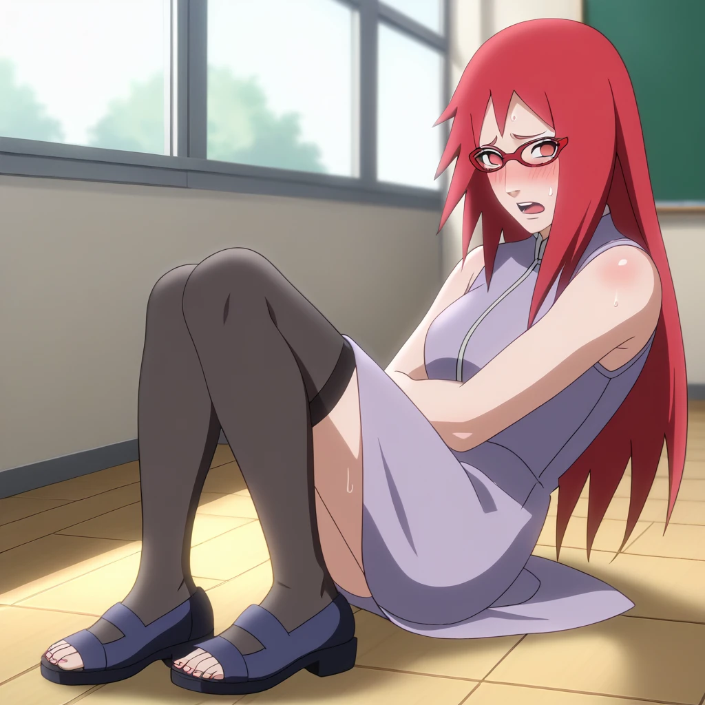 Red hair, 1 Girl, Glasses, Long hair, Red Eyes, Solitary, dress，Umbilical cord, Looking at the audience，No students, Japanese cartoons screencap, Japanese cartoons coloring,src_Japanese cartoons,Naruto \(series\), Naruto shippuuden,（（blush，nervous，Vision，living room，Sitting on the floor，））masterpiece， absurd ， （Intricate details）， （Colorful）， light， Extremely detailed CG unity 8k wallpaper ，1 Girl， solo，（shy，classroom，night，blush，nervous，Sweating，蕾丝dress， ），sweat，blush，blush1.5，Blush，Medium chest，（（dress，Black stockings，）），（dress，Uncomfortable expression，Mouth open，spit）