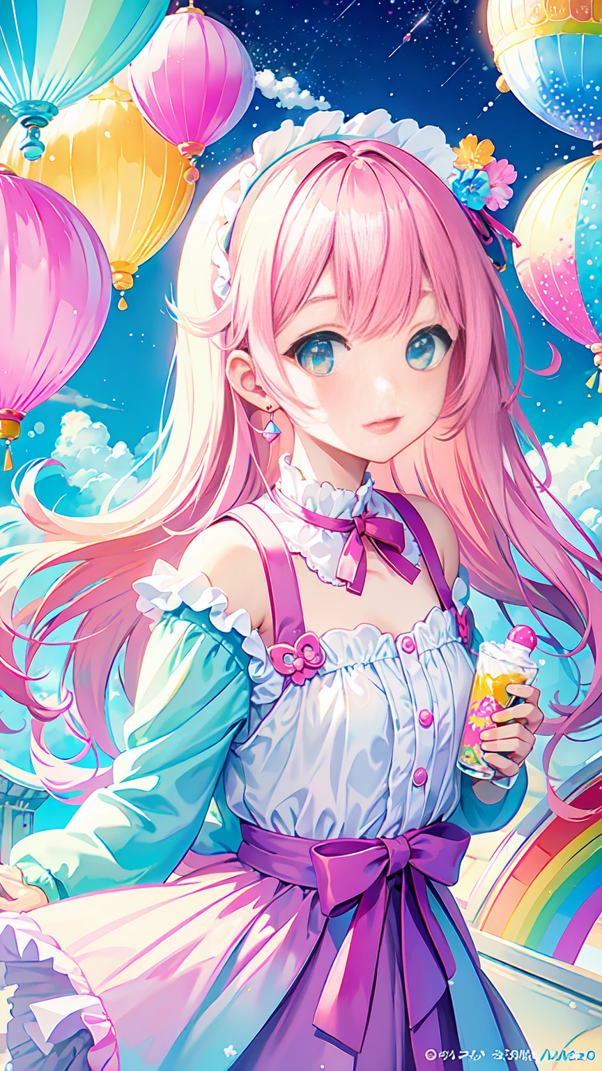 Dreamy, dreamy cute, shopping, city, Harajuku, (masterpiece, Highest quality, Highest quality, watercolor (middle), Official Art, beautifully、beautiful: 1.2), (2 girls: 1.3), (Fractal Art: 1.3), Upper Body, kiss, Lesbian, ta Fashion, Loliiewer Watch, pattern, break, (pastel hair: 1.2), break, Soap bubble, Rainbow behind, cloud, colorful, Soap bubble, Spread throughout, cute, pastel,
