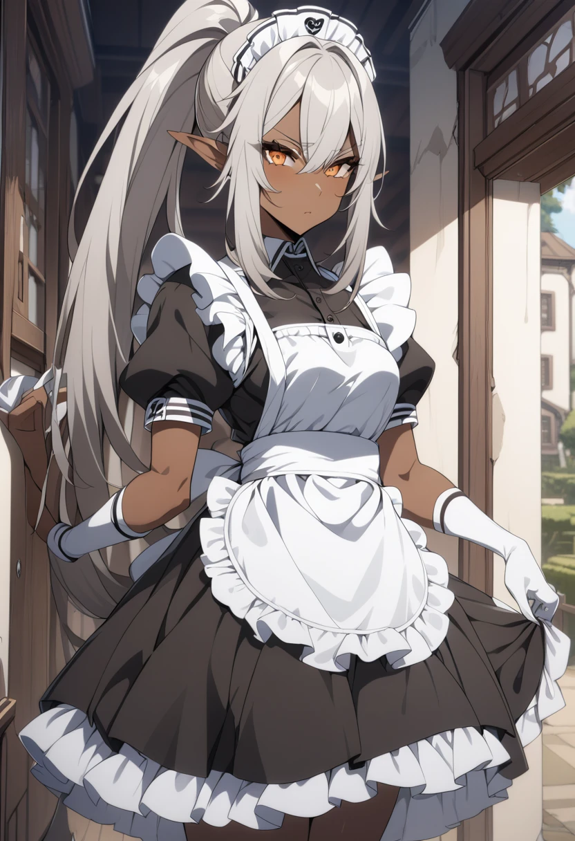 orange eyes,,((brown skin,dark elf,))grey hair,1lady,high ponytail, ,pointy ears,elf,,masterpiece, highres, solo, (maid:1.40), (long maid dress:1.15), anime_style, 14
