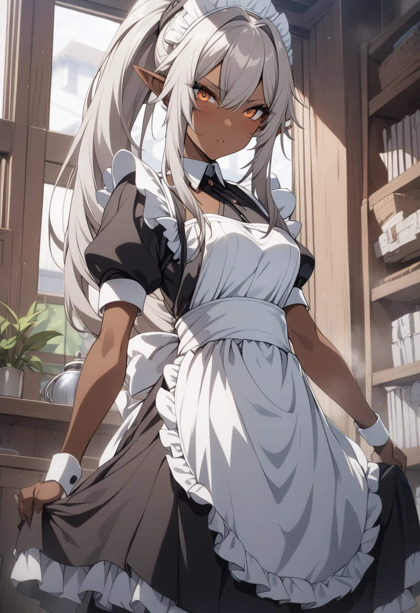 orange eyes,,((brown skin,dark elf,))grey hair,1lady,high ponytail, ,pointy ears,elf,,masterpiece, highres, solo, (maid:1.40), (long maid dress:1.15), anime_style, 14
