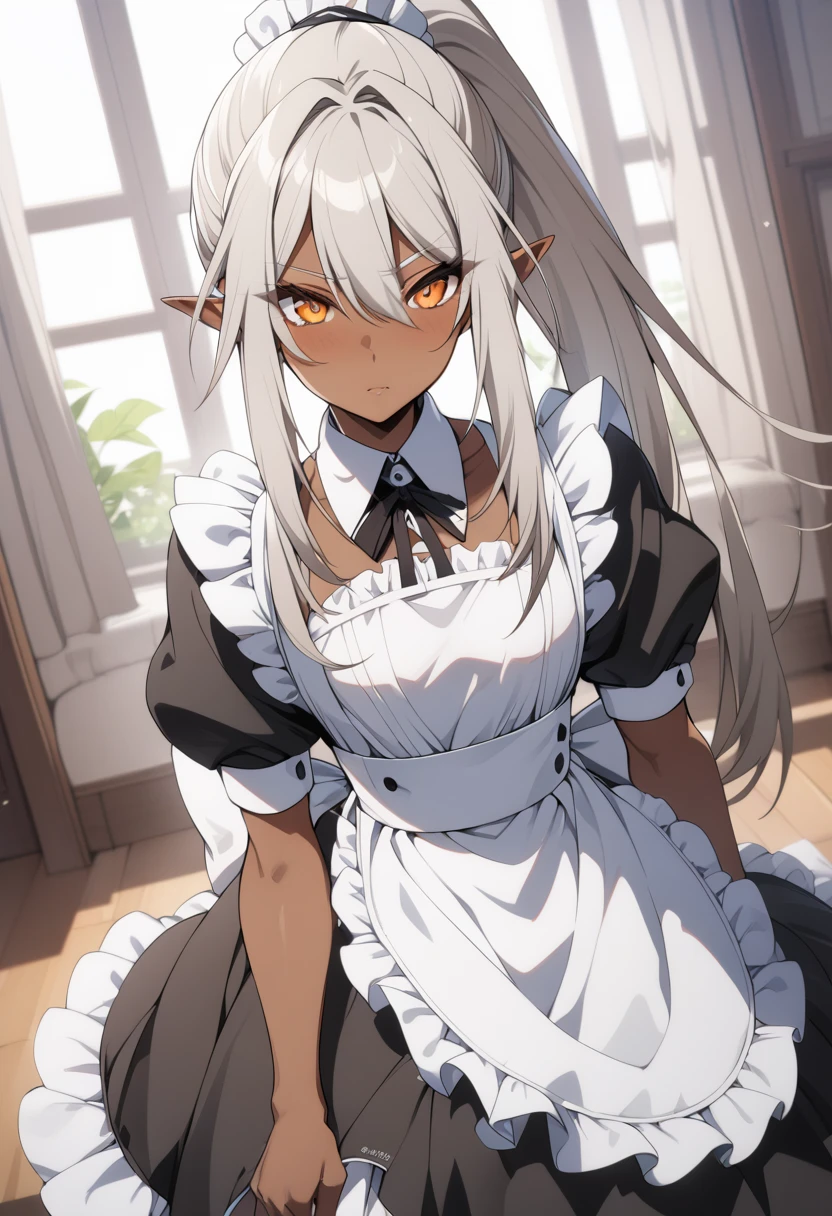 orange eyes,,((brown skin,dark elf,))grey hair,1lady,high ponytail, ,pointy ears,elf,,masterpiece, highres, solo, (maid:1.40), (long maid dress:1.15), anime_style, 14
