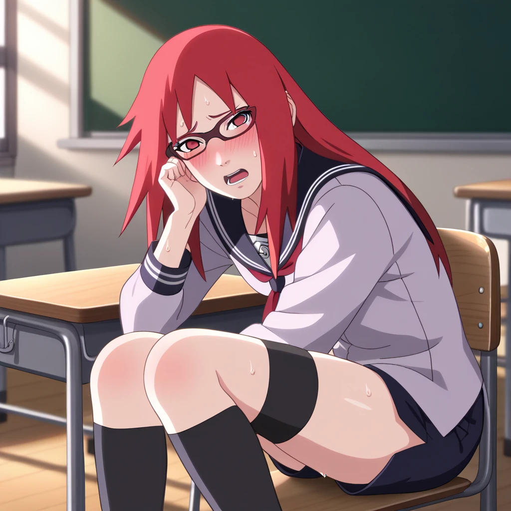 Red hair, 1 Girl, Glasses, Long hair, Red Eyes, Solitary, Sailor Suit, Black over-the-knee stockings, Black shorts, Umbilical cord, Looking at the audience，No students, Japanese cartoons screencap, Japanese cartoons coloring,src_Japanese cartoons,Naruto \(series\), Naruto shippuuden,（（blush，nervous，Vision，classroom，bookshelf，sit on the chair，））masterpiece， absurd ， （Intricate details）， （Colorful）， light， Extremely detailed CG unity 8k wallpaper ，1 Girl， solo，（shy，classroom，night，blush，nervous，Sweating，蕾丝dress， ），sweat，blush，blush1.5，Blush，Medium chest，（（dress，Black stockings，）），（dress，Lying in bed，Uncomfortable expression，Mouth open，spit）