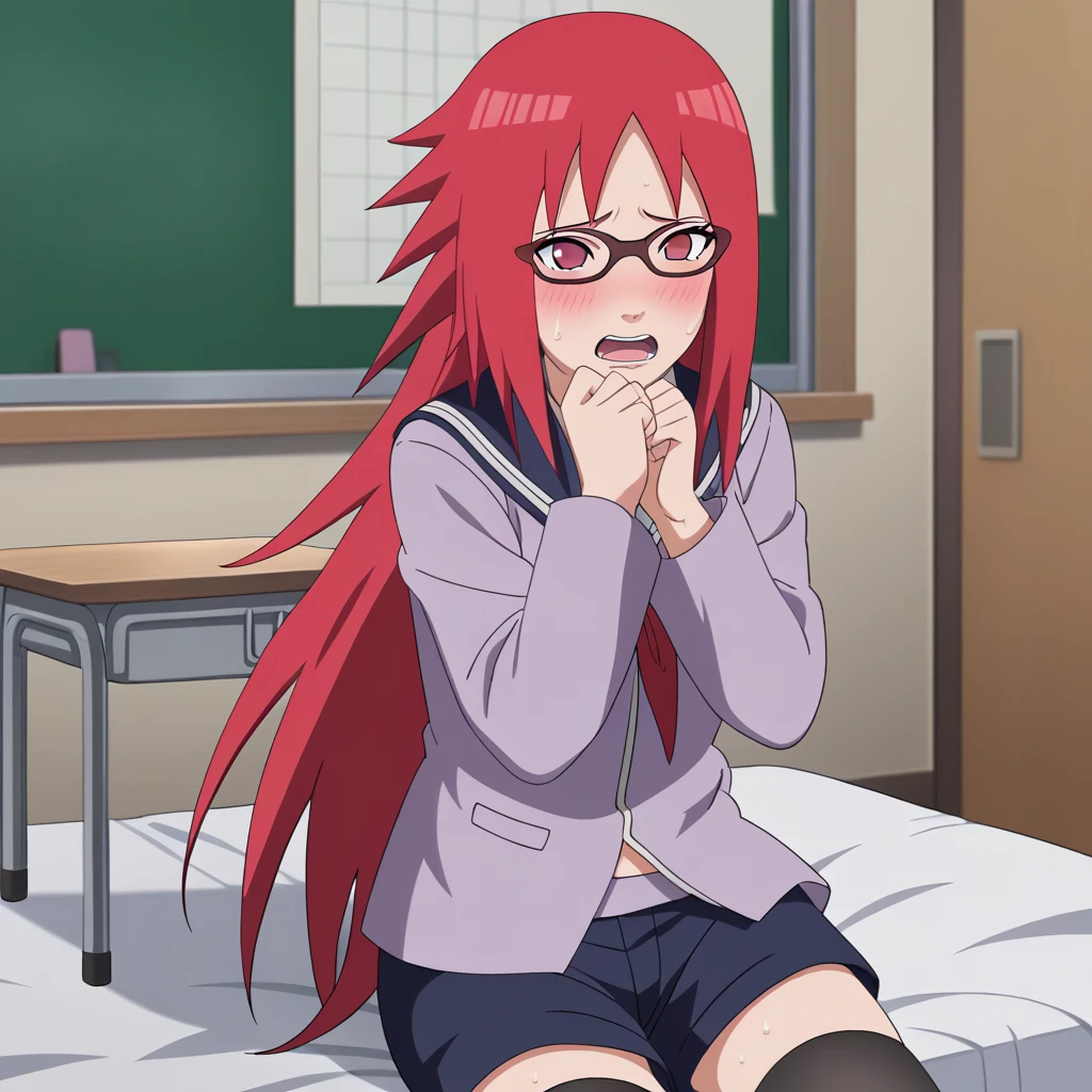 Red hair, 1 Girl, Glasses, Long hair, Red Eyes, Solitary, Sailor Suit, Black over-the-knee stockings, Black shorts, Umbilical cord, Looking at the audience，No students, Japanese cartoons screencap, Japanese cartoons coloring,src_Japanese cartoons,Naruto \(series\), Naruto shippuuden,（（blush，nervous，Vision，classroom，bookshelf，sit on the chair，））masterpiece， absurd ， （Intricate details）， （Colorful）， light， Extremely detailed CG unity 8k wallpaper ，1 Girl， solo，（shy，classroom，night，blush，nervous，Sweating，蕾丝dress， ），sweat，blush，blush1.5，Blush，Medium chest，（（dress，Black stockings，）），（dress，Lying in bed，Uncomfortable expression，Mouth open，spit）