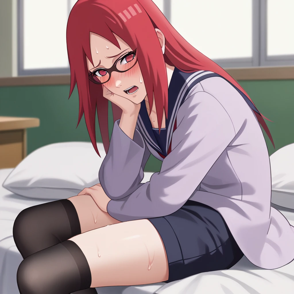 Red hair, 1 Girl, Glasses, Long hair, Red Eyes, Solitary, Sailor Suit, Black over-the-knee stockings, Black shorts, Umbilical cord, Looking at the audience，No students, Japanese cartoons screencap, Japanese cartoons coloring,src_Japanese cartoons,Naruto \(series\), Naruto shippuuden,（（blush，nervous，Vision，classroom，bookshelf，sit on the chair，））masterpiece， absurd ， （Intricate details）， （Colorful）， light， Extremely detailed CG unity 8k wallpaper ，1 Girl， solo，（shy，classroom，night，blush，nervous，Sweating，蕾丝dress， ），sweat，blush，blush1.5，Blush，Medium chest，（（dress，Black stockings，）），（dress，Lying in bed，Uncomfortable expression，Mouth open，spit）