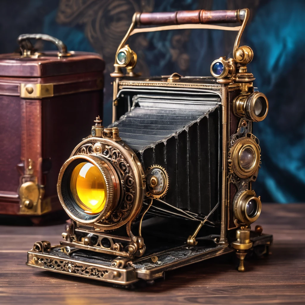 A magical artifact with a bright stone in the form of a 19th century camera. steampunk style 