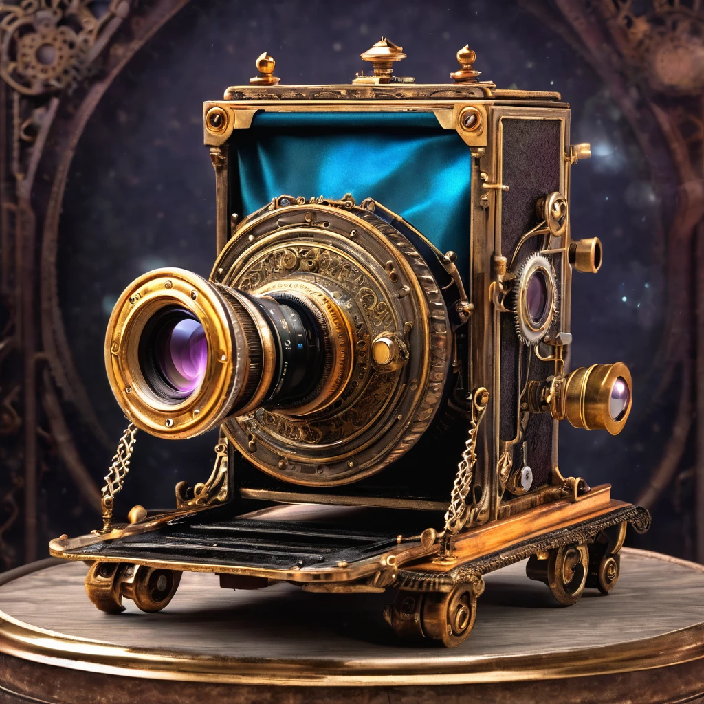 A magical artifact with a bright stone in the form of a 19th century camera. steampunk style 