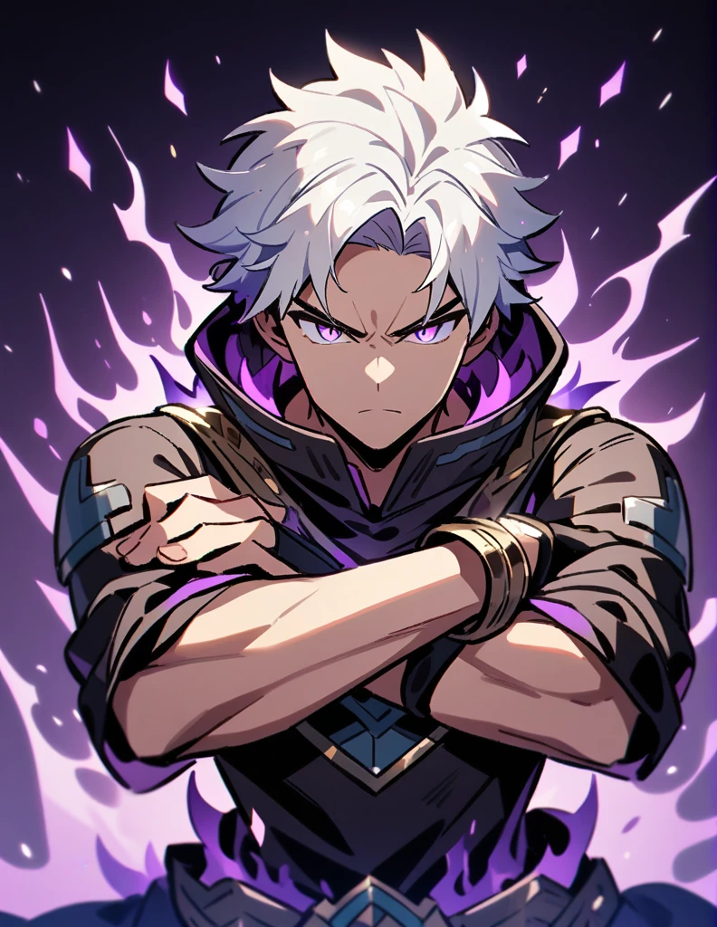 Greek boy with white hair, serious look, violet eyes, with one of his arms covered in purple flames,