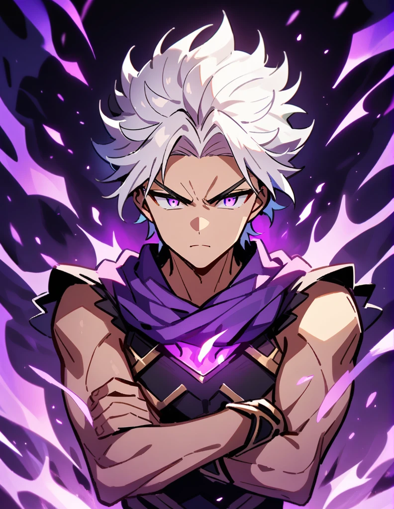 Greek boy with white hair, serious look, violet eyes, with one of his arms covered in purple flames,