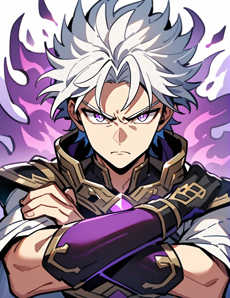 Greek boy with white hair, serious look, violet eyes, with one of his arms covered in purple flames,