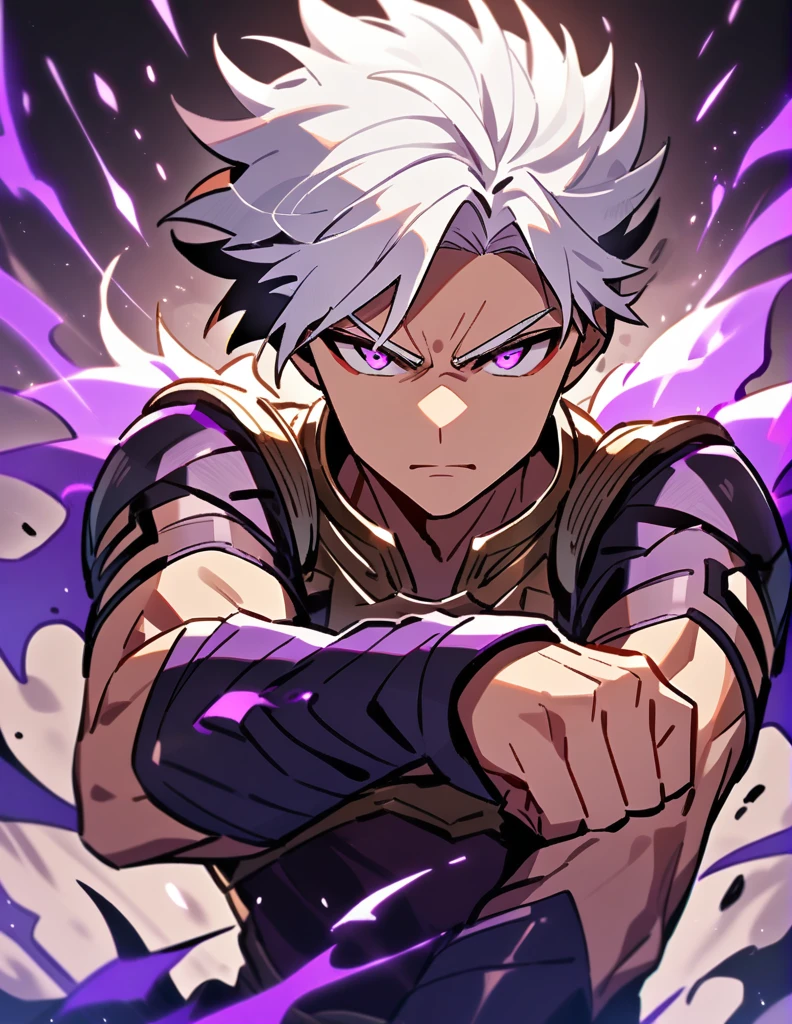 Greek boy with white hair, serious look, violet eyes, with one of his arms covered in purple flames,