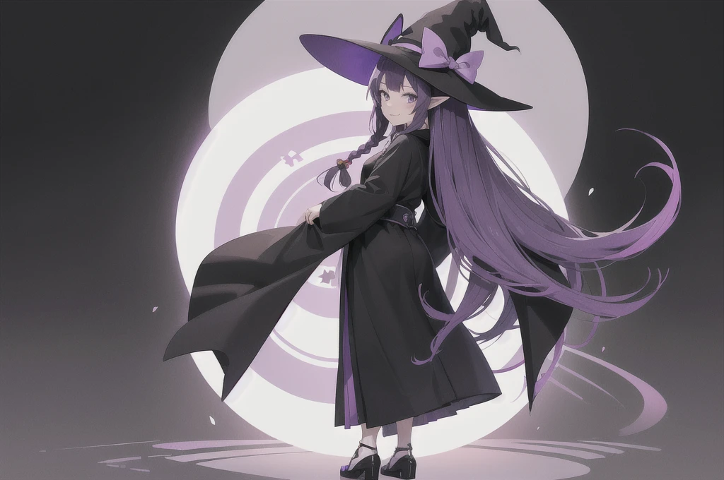 anime girl long purple hair wearing a black Robe. she has pointy ears. Witch Hat. Manga kawaii. iridescent ,An illustration, 0ne person .look back