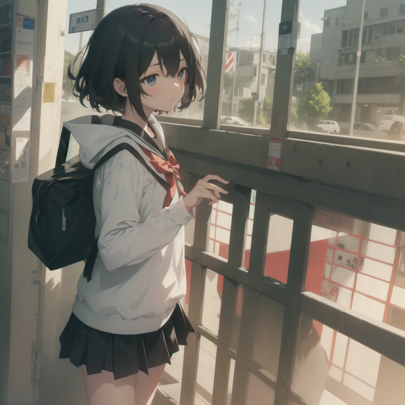 ultra-absurdres-Top quality by artist God, ultra-detailed, high resolution, anime moe artstyle, best anime 8k konachan wallpaper, pixiv contest winner, pool:2810, perfect anatomy,break, 1girl, (Please draw a girl walking sleepily to school alone. )break,(Solo,little female, 13-year-old:1.3),Full limbs, complete fingers,a junior high school student, (very short hair), short cut, flat chest, , small butt, small black eyes, beautiful detailed eyes, well-proportioned iris and pupils, expressive eyes, highres detailed hair, soft expression, salor school_uniform, sailor collar, serahuku, bow, pleated skirt,(Detailed Lighting), (Detailed background), in the School commute route. break,super detailed skin, Best cinematic lighting powered by famous artist, 8k,beauty illustration,photoshop_(medium),very aesthetic,break,((artist:tomose_shunsaku )), artist:clamp ,artist:carnelian ,artist:kantoku ,