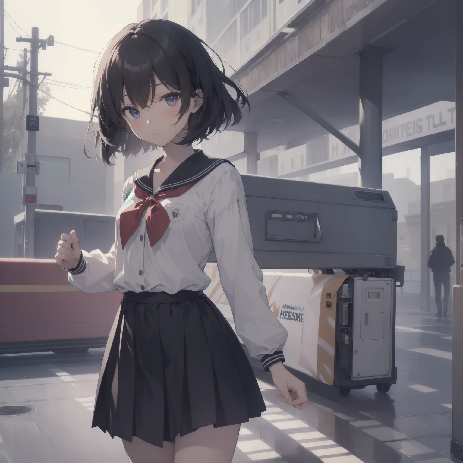 ultra-absurdres-Top quality by artist God, ultra-detailed, high resolution, anime moe artstyle, best anime 8k konachan wallpaper, pixiv contest winner, pool:2810, perfect anatomy,break, 1girl, (Please draw a girl walking sleepily to school alone. )break,(Solo,little female, 13-year-old:1.3),Full limbs, complete fingers,a junior high school student, (very short hair), short cut, flat chest, , small butt, small black eyes, beautiful detailed eyes, well-proportioned iris and pupils, expressive eyes, highres detailed hair, soft expression, salor school_uniform, sailor collar, serahuku, bow, pleated skirt,(Detailed Lighting), (Detailed background), in the School commute route. break,super detailed skin, Best cinematic lighting powered by famous artist, 8k,beauty illustration,photoshop_(medium),very aesthetic,break,((artist:tomose_shunsaku )), artist:clamp ,artist:carnelian ,artist:kantoku ,