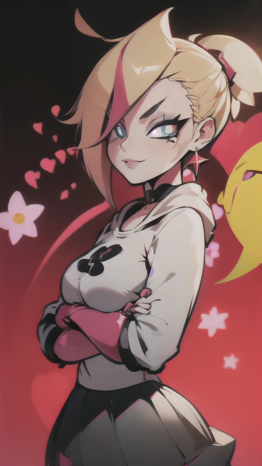 (best quality:1.2),solo,1girl,mdrin,smile,looking at viewer,crossed arms,ponytail,v-shaped eyebrows,white jacket,red shirt,fingerless gloves,black skirt,choker,illustration,detailed background,soft lighting,vibrant colors,fantasy style,blurred foreground,flower garden,subtle shadows,daytime ambiance,lens flare,expressive eyes,lively atmosphere,joyful expression,impeccable makeup,glossy lips,twinkling eyes,sunlit scene,whimsical feeling, ultra long hair
