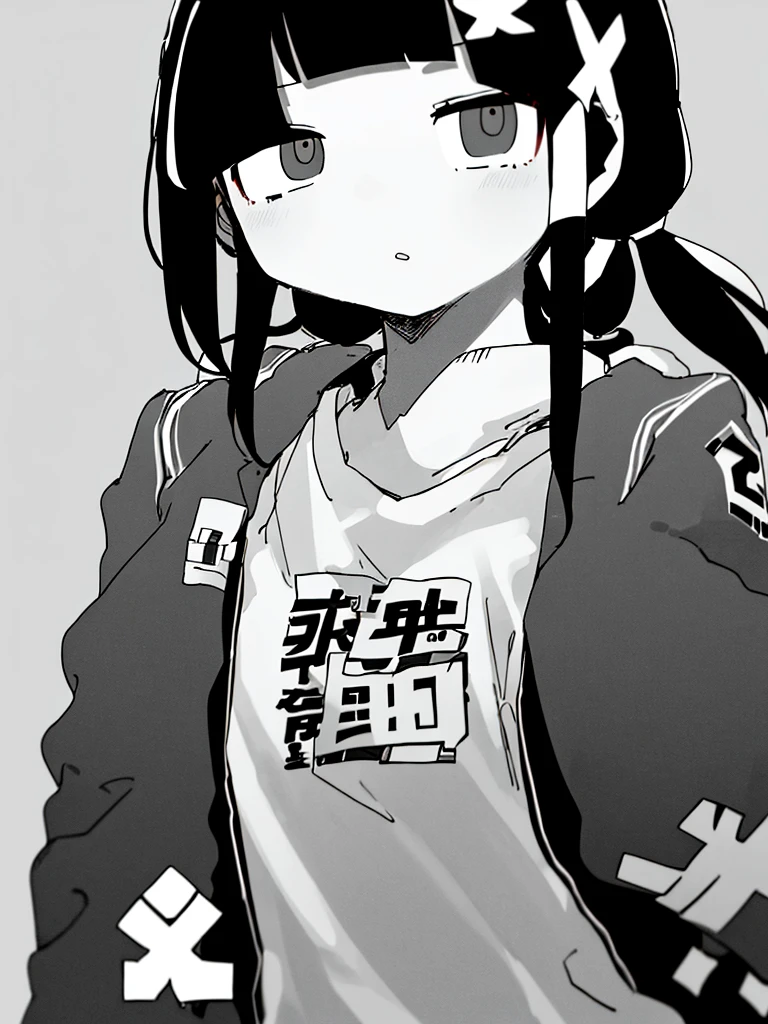 masterpiece, best quality, 1girl, solo, long_hair, looking_at_viewer, bangs, simple_background, shirt, hair_ornament, long_sleeves, twintails, jacket, monochrome, ahoge, greyscale, parted_lips, open_clothes, blunt_bangs, low_twintails, x_hair_ornament,